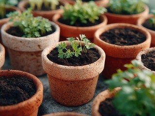 Close Up Of Seedlings Growing In Round Ceramic Pots Arranged Outdoors Under Natural Sunlight