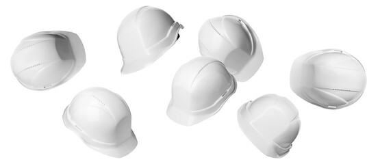 multiple white hard hats floating and arranged in different positions