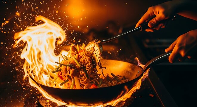 Chef Cooking Stir Fry with Flames in Professional Kitchen