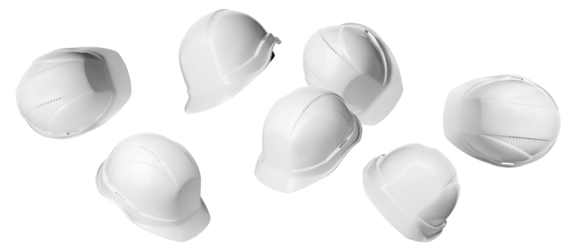 multiple white hard hats floating and arranged in different positions