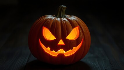 Carved pumpkin with eerie glowing expression on weathered wooden surface.