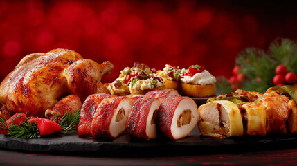 Delicious holiday feast roasted meats and sides festive kitchen gourmet food warm atmosphere close-up view culinary celebration