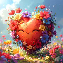 Smiling heart sculpture covered in colorful wildflower blossoms in sunlit meadow, cheerful and whimsical scene full of warmth and joy