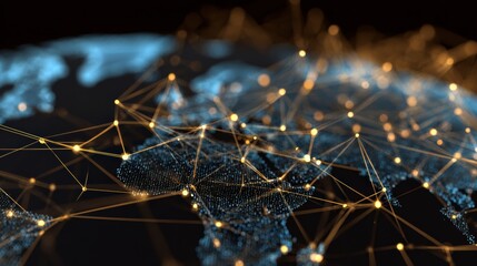 A captivating digital globe visualization showcasing interconnected networks across continents, emanating a futuristic aura.