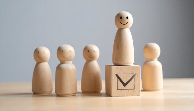 A smiling wooden figurine stands elevated on a block with a checkmark, surrounded by four neutral figures on a wooden surface, symbolizing recognition, leadership, and standout achievement.