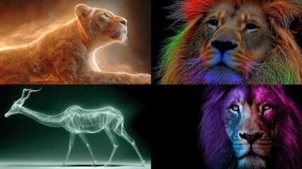 Four images; a lioness with light, a colorful lion's face, an X-ray of an antelope, & a lion with split colors