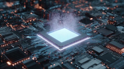 A close-up view of a futuristic microprocessor on a circuit board, showcasing intricate designs and lights.