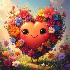 Cute heart character with colorful flower crown smiling in sunny meadow, whimsical cheerful scene with vibrant petals and soft light