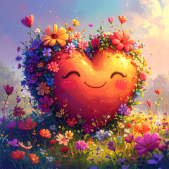 Smiling heart with floral crown in sunlit meadow, colorful wildflower garden, joyful romantic spring scene, whimsical happy nature