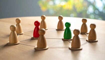 Colored game pawns connected by strings and wooden balls form a network on a circular board, symbolizing teamwork, communication, and interconnected systems in social or educational contexts.