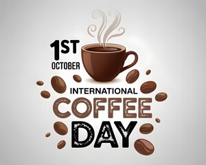 International coffee day celebration with a cup of coffee and beans.