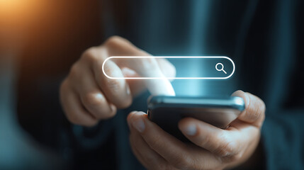Close Up Of Fingers Typing Into Smartphone Search Bar With Bright Light Effect searching internet