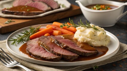 Homemade roast beef dinner with mashed potatoes and carrots on a plate