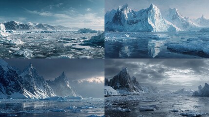 Four stunning ice & mountain scenes, arctic views, in different lighting and perspectives