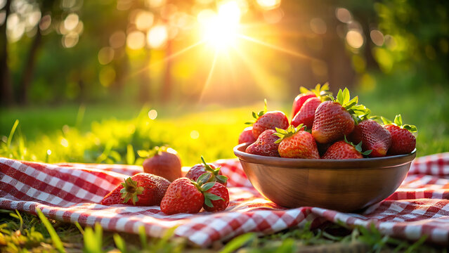 Bowl of strawberries on picnic blanket with summer sunlight fresh fruit healthy outdoor food lifestyle