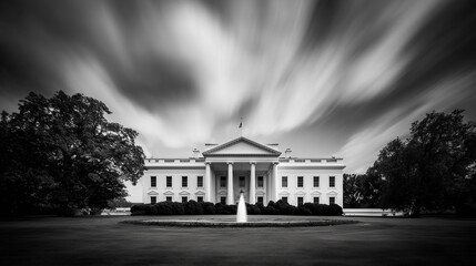 Historic architectural photo of the white house in washington d.C. Against a dramatic sky black and white photography