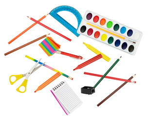 collection of vibrant school and art supplies scattered on a transparent background