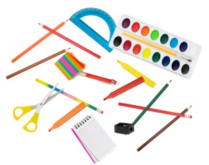 collection of vibrant school and art supplies scattered on a transparent background