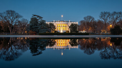 Naklejka premium Evening reflection of the white house washington d.C. Architectural photography calm waters panoramic view government icon