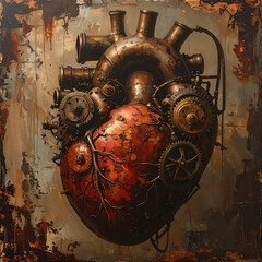 Mechanical heart with rusted gears and veins glowing with warm light, surreal steampunk emotion and industrial texture