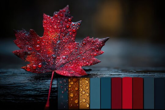Vibrant red maple leaf with water droplets on a dark wooden surface, color palette
