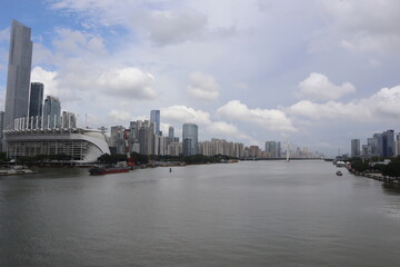 Fototapeta premium Guangzhou city, Guangdong, China, 2025. Pearl Zhujiang River and city skyline. 