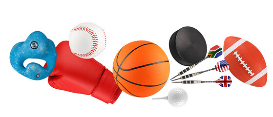 horizontal alignment of diverse sports balls including volleyball, handball, baseball, soccer,...