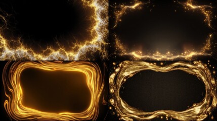 and keywords based on the image you provided

 Four golden light borders against black backgrounds lightning, dust, swirls, bubbles