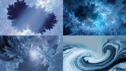 Abstract blue fractal art with swirling textures, vortex, and icy crystalline patterns.