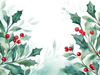 Festive Clean Lines Background with Green Leaves and Vibrant Holly Berries for Christmas