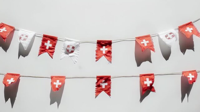 Swiss flags strung on a light beige string, on a white wall