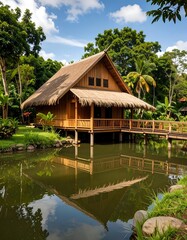 Obraz premium Wooden bungalow on stilts over calm water, reflected in still surface, lush tropical foliage