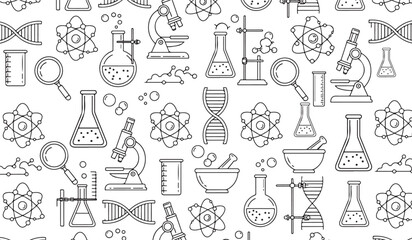 Modern seamless pattern of scientific laboratory tools and educational research symbols