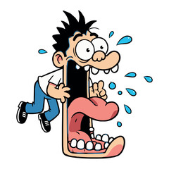 Comical illustration of an astonished man with an unbelievably wide-open mouth and exaggerated expression of shock