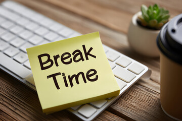 Sticky note with break time message on keyboard with coffee and plant