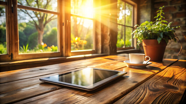 Digital tablet on rustic wooden desk with sunlight modern technology office workspace lifestyle scene - Powered by Adobe