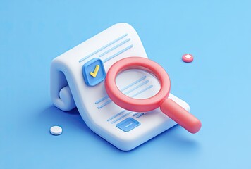 Document analysis and verification concept with magnifying glass and checkmark