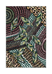 A vibrant abstract design with ethnic and natural motifs. The center of the composition features leaves with a geometric pattern inside, executed in green, yellow, and white tones. 