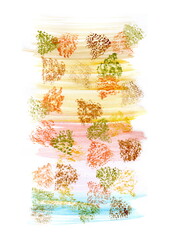 The illustration is done in watercolor in a soft pastel palette. Horizontal brushstrokes of yellow, pink, and blue highlight the mottled crowns, reminiscent of light, abstract trees or clouds. 