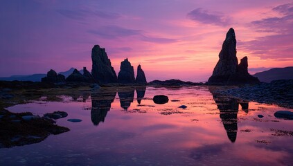 Dramatic sunset view over water with rock formations and vibrant colors