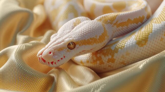 A stunning albino python resting on silky fabric, showcasing its intricate scales and eyes.