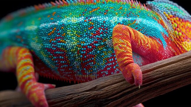 A colorful chameleon resting on a branch, showcasing its vibrant patterns and textures.