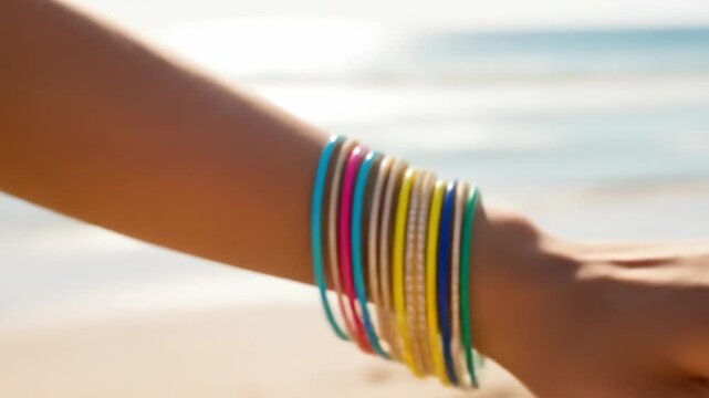 Woman's arm with colorful bracelets on beach. Jewelry fashion lifestyle concept.