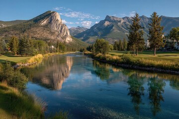 Obraz premium Serene mountain river reflects a clear sky