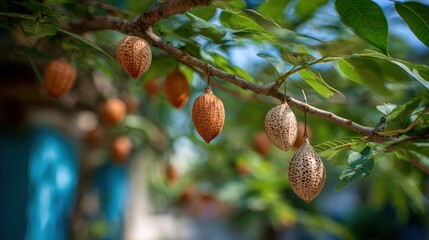 Dry Fruits Hanging From Branch With Green Leaves Against Blue Sky
