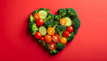 A heart shape creatively composed using fresh, colorful vegetables on a vivid red backdrop. The arrangement includes broccoli florets, cucumber slices, and tomatoes