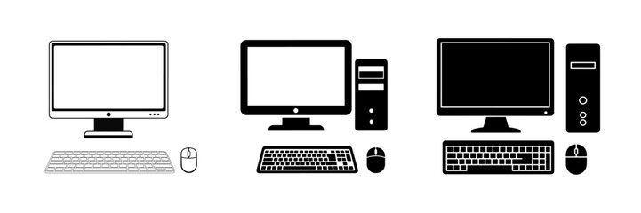 Fototapeta premium Three computer setups with monitors keyboards and mice