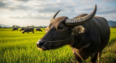 Water Buffalo in a Rice Paddy.
