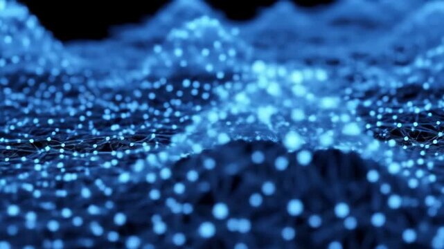 Abstract network technology background with blue connected nodes, data structure, data connection, and innovation.