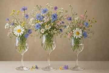 Delicate wildflowers pouring into elegant wine glasses, creating a dreamy summer still life composition.